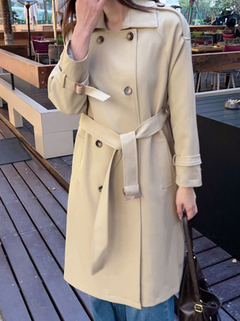 Γυναικείο trench coat, κορεατικού στιλ για μικρόσωμες, διπλό κουμπί, πέτο γιακά, μακρύ μήκος, πολυεστέρας