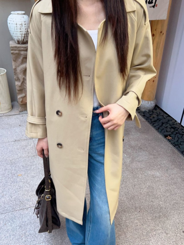 Γυναικείο trench coat, κορεατικού στιλ για μικρόσωμες, διπλό κουμπί, πέτο γιακά, μακρύ μήκος, πολυεστέρας