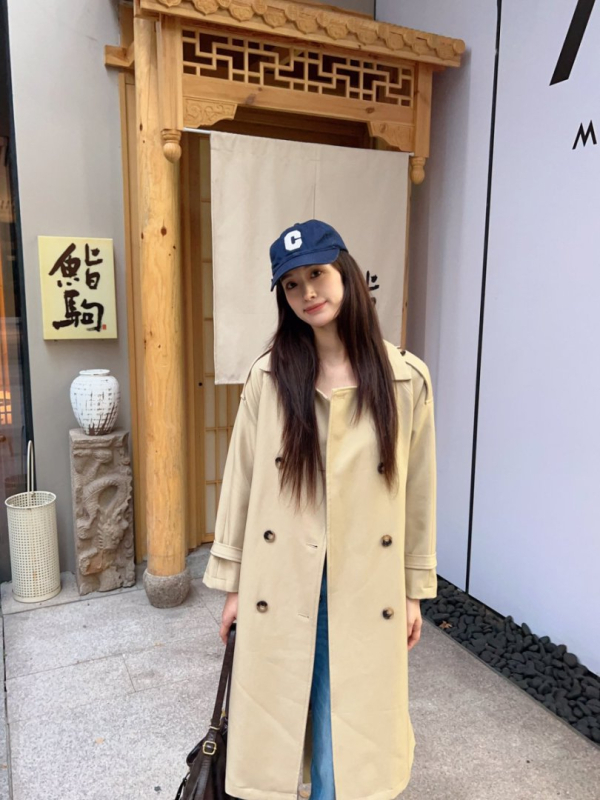 Γυναικείο trench coat, κορεατικού στιλ για μικρόσωμες, διπλό κουμπί, πέτο γιακά, μακρύ μήκος, πολυεστέρας