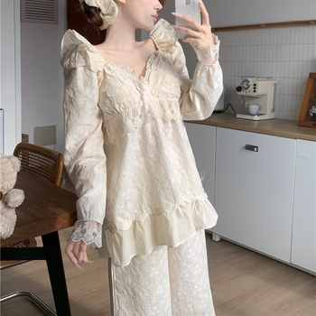 Женски пижамен комплект с дантелена бродерия и V-образно деколте, топ с дълги ръкави и панталони – 100% полиестер, умерено тегло, домашно облекло