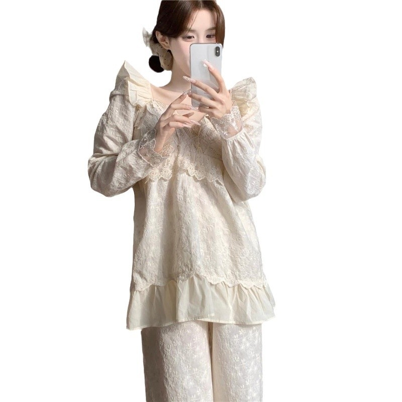 Женски пижамен комплект с дантелена бродерия и V-образно деколте, топ с дълги ръкави и панталони – 100% полиестер, умерено тегло, домашно облекло