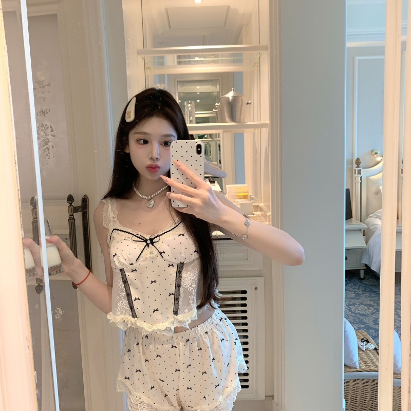 Пижамен комплект от ледена коприна, женствени презрамки, лятна дантелена кройка с открит гръб, печат, стил чиста страст, домашен комплект със подплънки за бюст