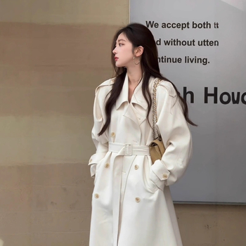 Дълго тренч палто, прав силует, двойно закопчаване, поло яка (полиестер-еластан смес, едноцветен, Пролет 2025)