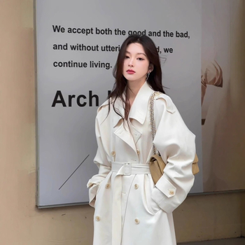 Дълго тренч палто, прав силует, двойно закопчаване, поло яка (полиестер-еластан смес, едноцветен, Пролет 2025)