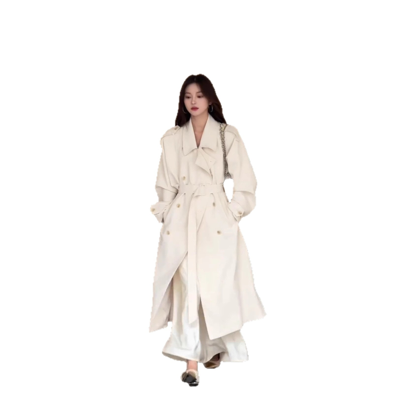 Дълго тренч палто, прав силует, двойно закопчаване, поло яка (полиестер-еластан смес, едноцветен, Пролет 2025)