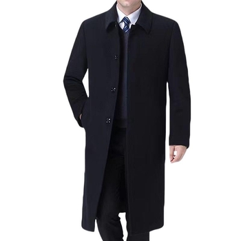 Palton bărbătesc, trench lung, cu rever tip lapel, închidere cu nasturi pe o singură linie, fără glugă, fără curea