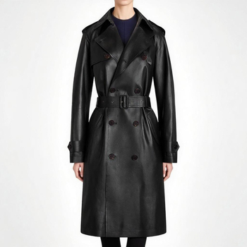 Δερμάτινο trench coat, εφαρμοστό, μακρύ μήκος, διπλοκουμπωτό, τεχνητό δέρμα