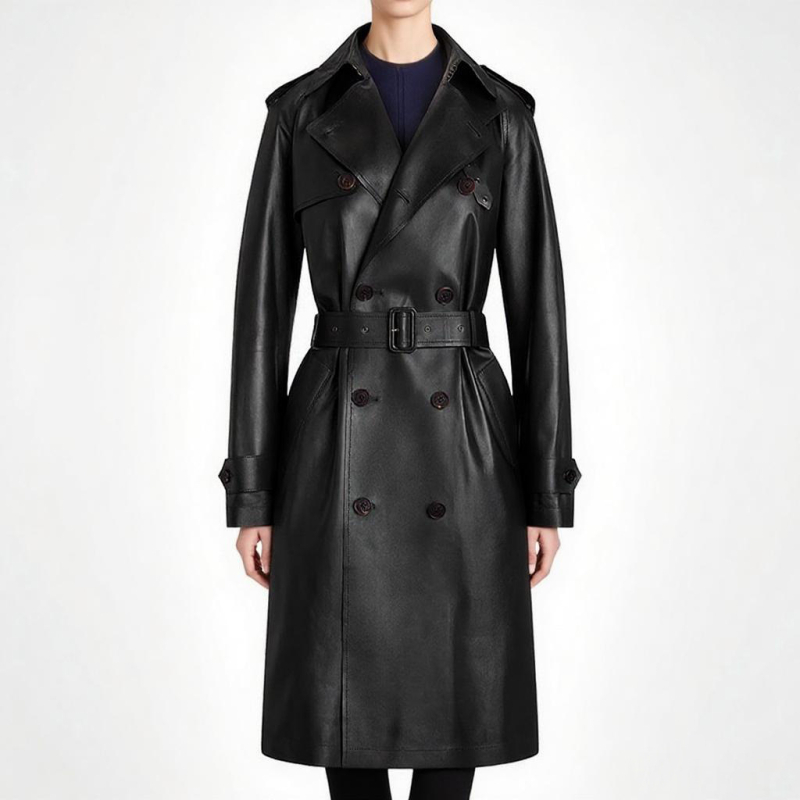 Δερμάτινο trench coat, εφαρμοστό, μακρύ μήκος, διπλοκουμπωτό, τεχνητό δέρμα