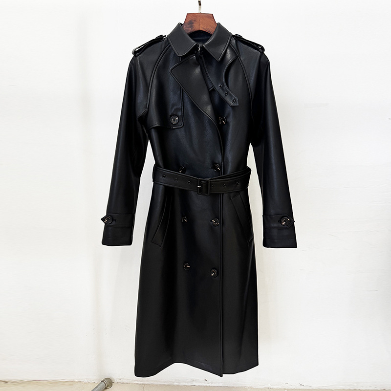 Δερμάτινο trench coat, εφαρμοστό, μακρύ μήκος, διπλοκουμπωτό, τεχνητό δέρμα