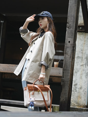 Γυναικείο παλτό μέσου μήκους από βαμβακερό τβίλ υψηλής πυκνότητας, χαλαρή γραμμή, πέτο, ραγκλάν μανίκια