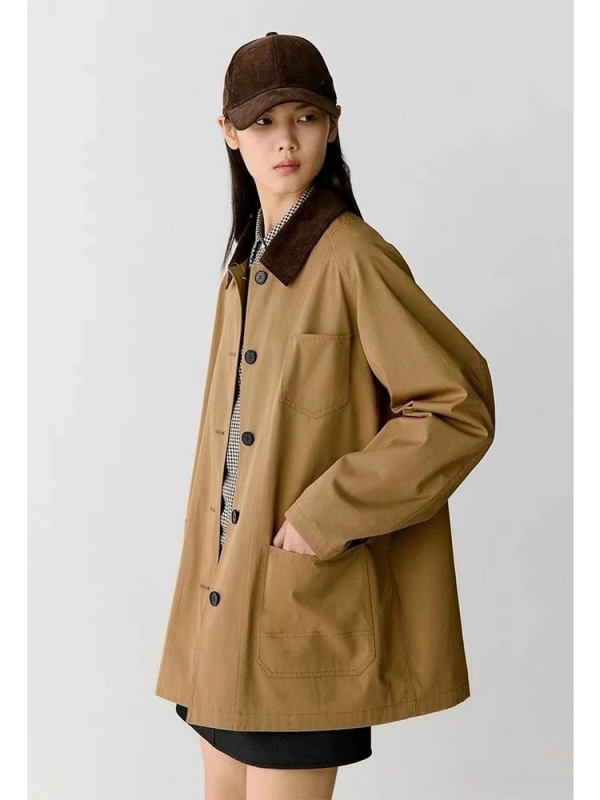 Γυναικείο παλτό μέσου μήκους από βαμβακερό τβίλ υψηλής πυκνότητας, χαλαρή γραμμή, πέτο, ραγκλάν μανίκια