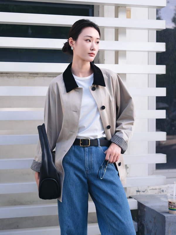 Γυναικείο παλτό μέσου μήκους από βαμβακερό τβίλ υψηλής πυκνότητας, χαλαρή γραμμή, πέτο, ραγκλάν μανίκια