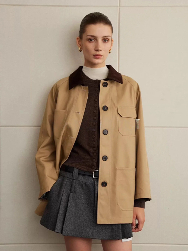 Γυναικείο παλτό μέσου μήκους από βαμβακερό τβίλ υψηλής πυκνότητας, χαλαρή γραμμή, πέτο, ραγκλάν μανίκια