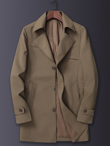 Muški kaput srednje duljine s ovratnikom, jednobrojno kopčanje, debeli materijal, jednobojan, za proljeće i jesen