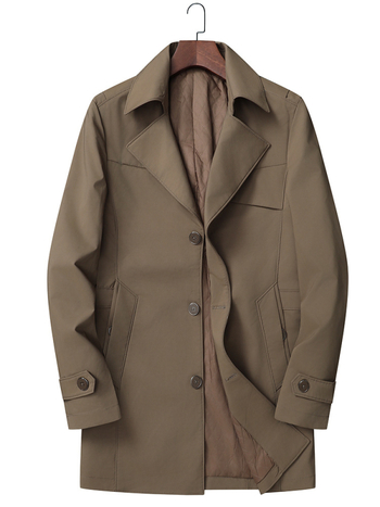 Muški kaput srednje duljine s ovratnikom, jednobrojno kopčanje, debeli materijal, jednobojan, za proljeće i jesen