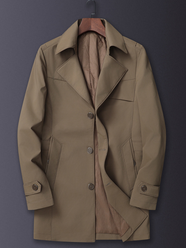 Muški kaput srednje duljine s ovratnikom, jednobrojno kopčanje, debeli materijal, jednobojan, za proljeće i jesen