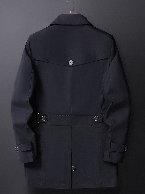 Muški kaput srednje duljine s ovratnikom, jednobrojno kopčanje, debeli materijal, jednobojan, za proljeće i jesen