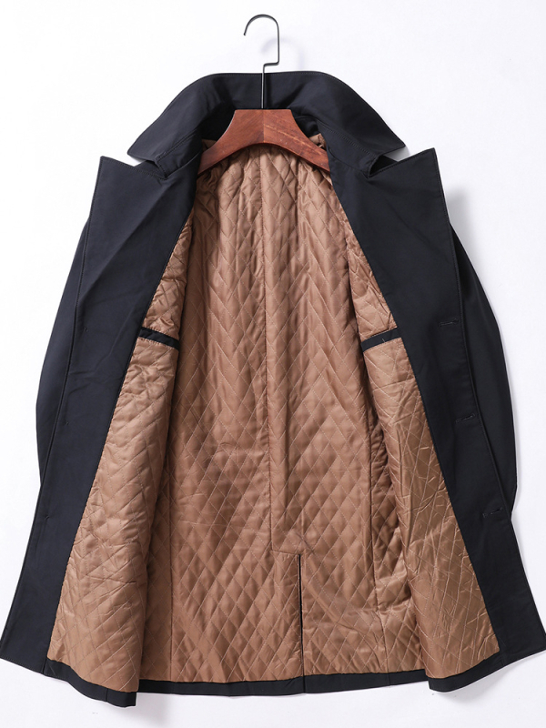 Muški kaput srednje duljine s ovratnikom, jednobrojno kopčanje, debeli materijal, jednobojan, za proljeće i jesen