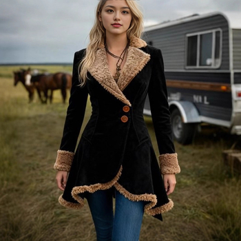 Ženski kaput od poliestera - debeo, srednje duljine, kvadratni ovratnik, jednostruko kopčanje na prednjem dijelu (Polyester; Thick; Mid-length; Square collar; Single-breasted)
