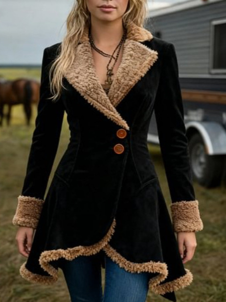 Ženski kaput od poliestera - debeo, srednje duljine, kvadratni ovratnik, jednostruko kopčanje na prednjem dijelu (Polyester; Thick; Mid-length; Square collar; Single-breasted)
