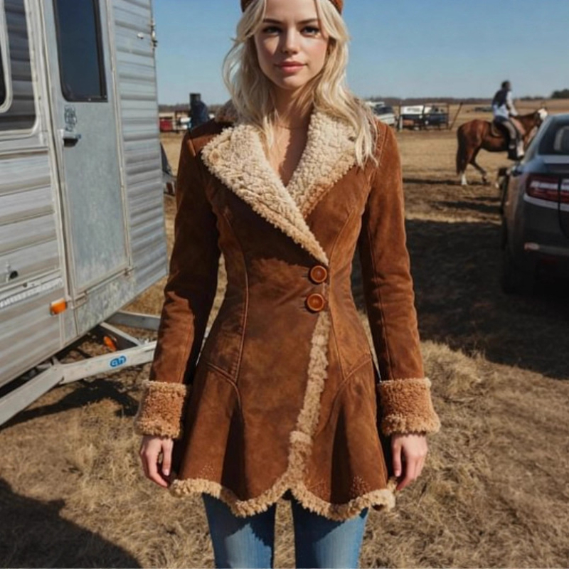 Ženski kaput od poliestera - debeo, srednje duljine, kvadratni ovratnik, jednostruko kopčanje na prednjem dijelu (Polyester; Thick; Mid-length; Square collar; Single-breasted)
