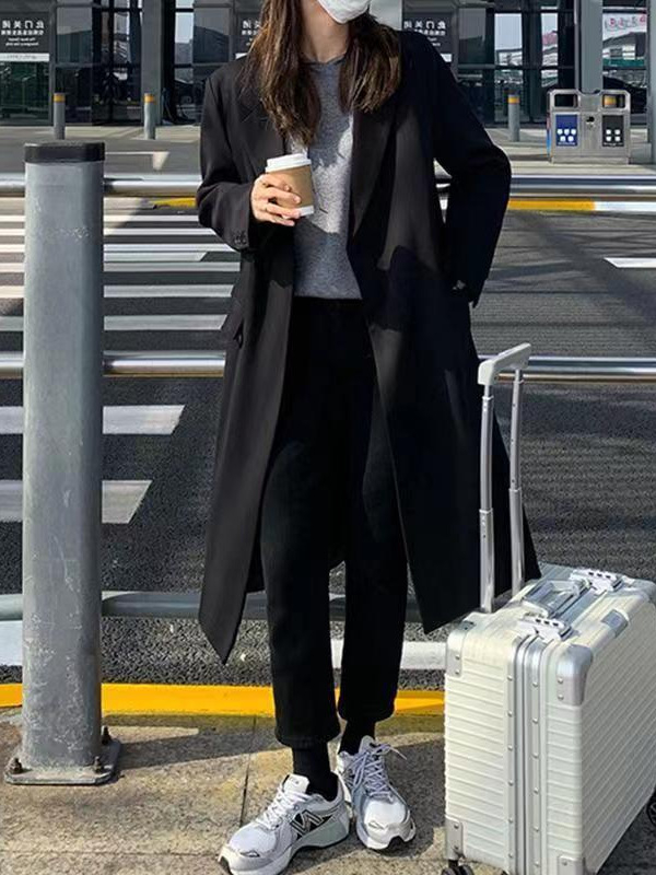 Dugi ženski blejzer, jednofarbni, spandex-poliester mješavina, ležeran kroj, jednostruko kopčanje, dugi rukavi