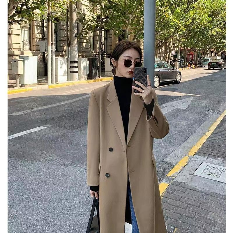 Dugi ženski blejzer, jednofarbni, spandex-poliester mješavina, ležeran kroj, jednostruko kopčanje, dugi rukavi