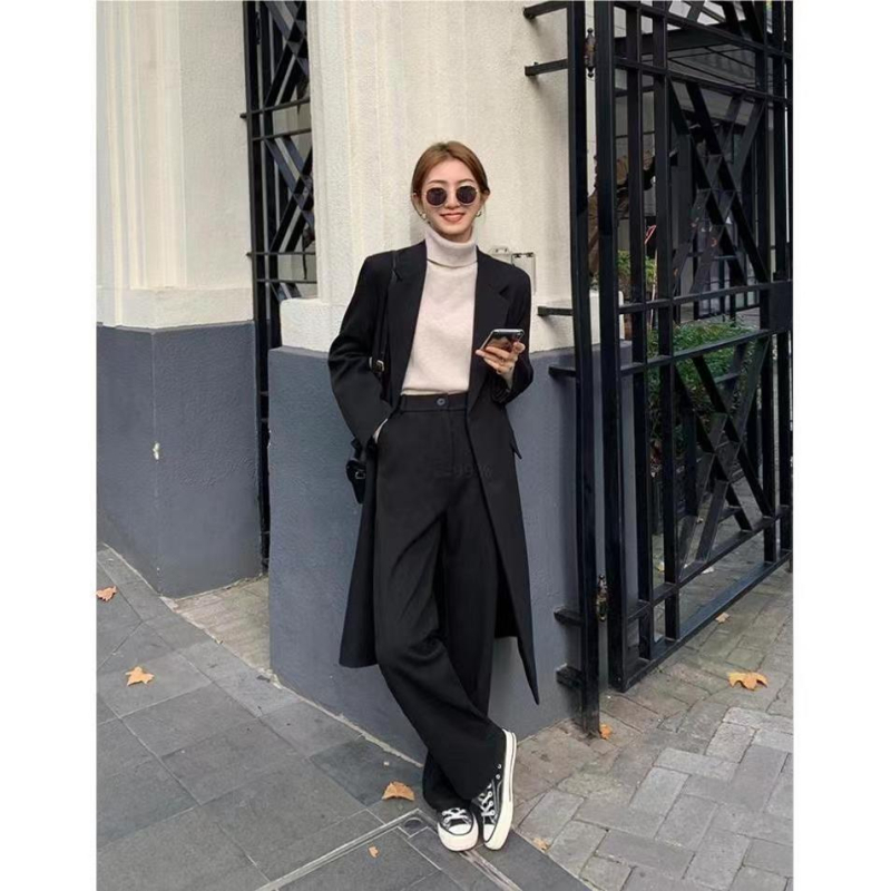 Dugi ženski blejzer, jednofarbni, spandex-poliester mješavina, ležeran kroj, jednostruko kopčanje, dugi rukavi