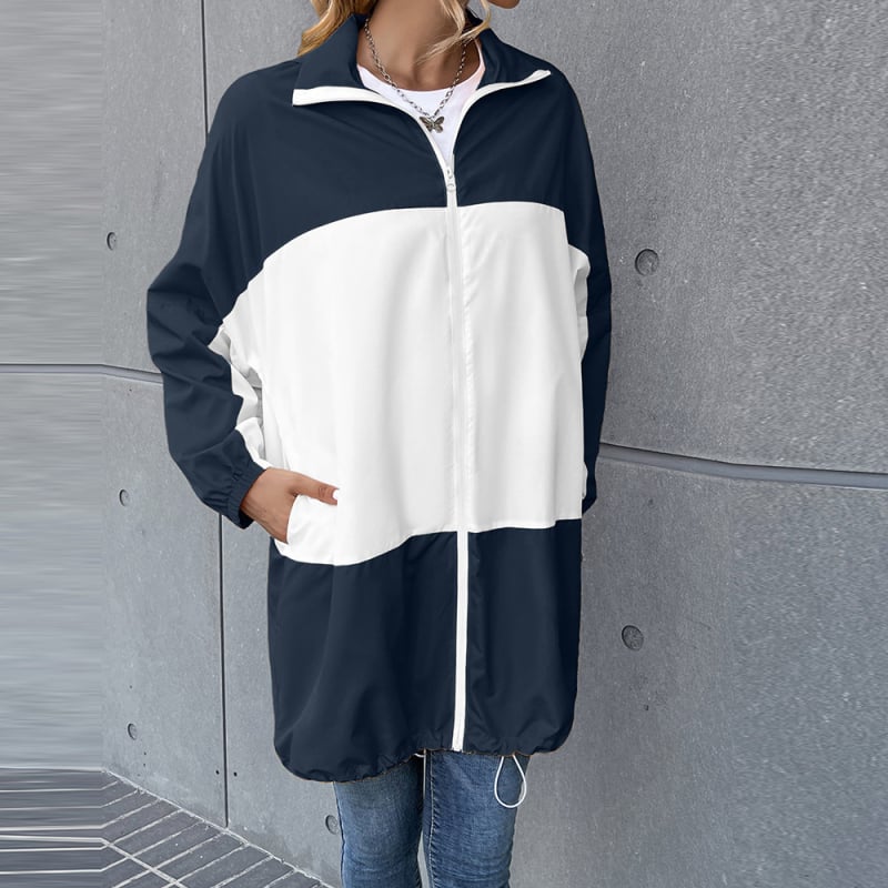 Ženska windbreaker jakna s kapuljom za vanjske sportove – Usklađen dizajn boja, Poliester 90–95%, Labav kroj, Srednja duljina 65–80 cm