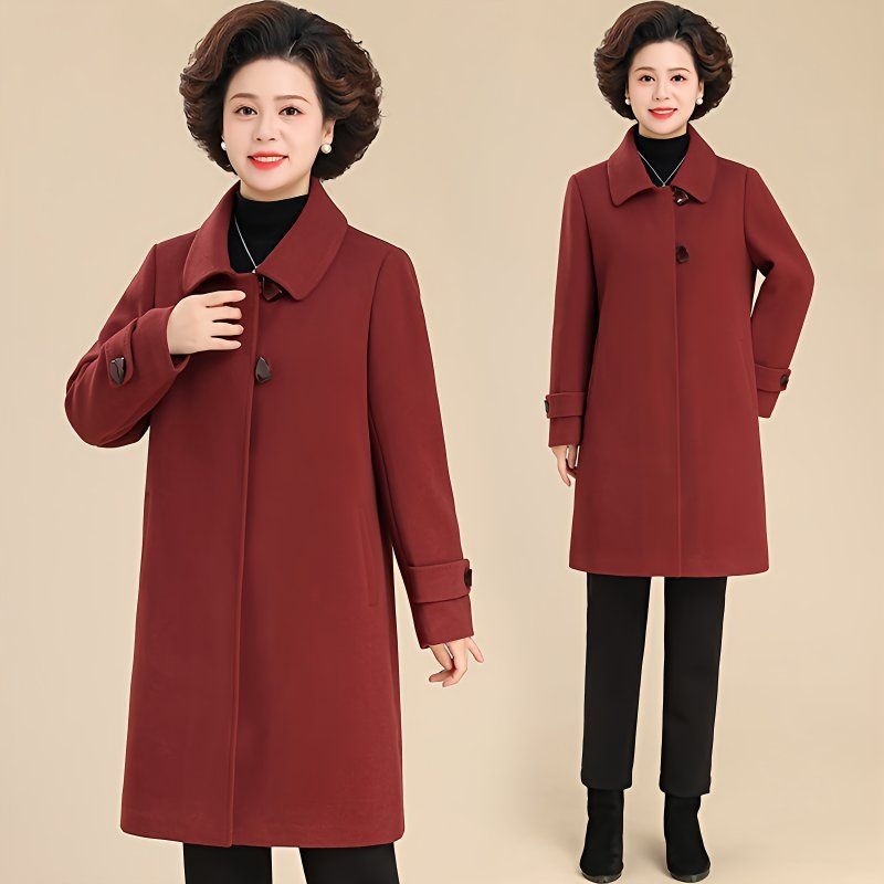 Palton mediu din lână pentru femei de vârstă mijlocie, țesătură TR, PVC ≤30%, material secundar 30–50%, culoare solidă, stil literar retro, toamnă-iarna