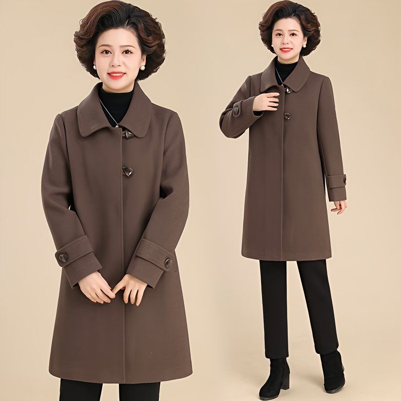 Palton mediu din lână pentru femei de vârstă mijlocie, țesătură TR, PVC ≤30%, material secundar 30–50%, culoare solidă, stil literar retro, toamnă-iarna