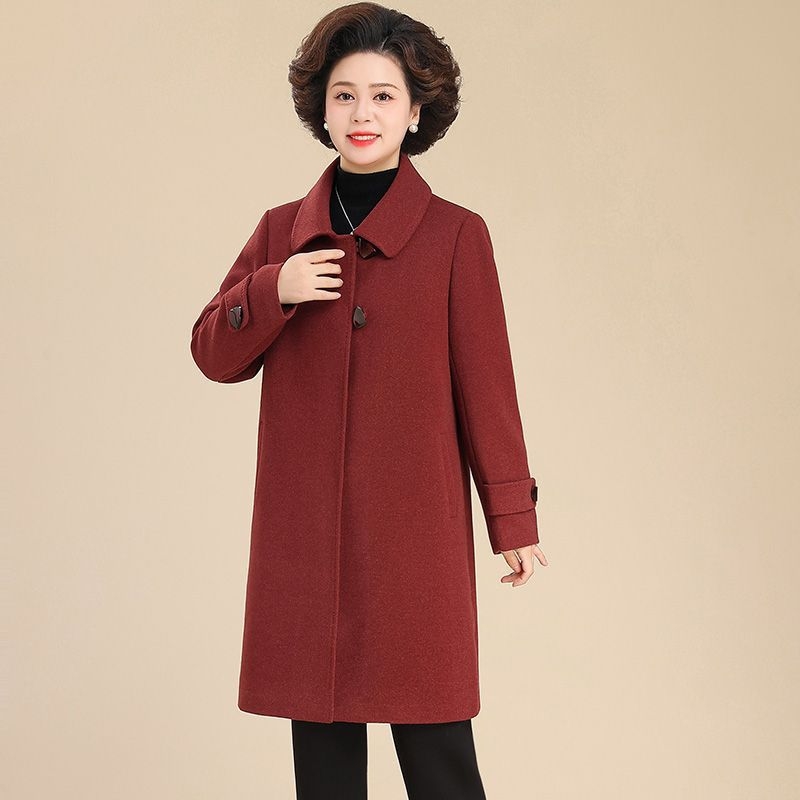 Palton mediu din lână pentru femei de vârstă mijlocie, țesătură TR, PVC ≤30%, material secundar 30–50%, culoare solidă, stil literar retro, toamnă-iarna