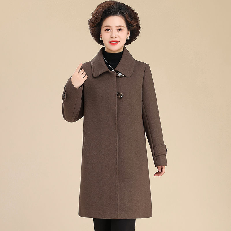 Palton mediu din lână pentru femei de vârstă mijlocie, țesătură TR, PVC ≤30%, material secundar 30–50%, culoare solidă, stil literar retro, toamnă-iarna