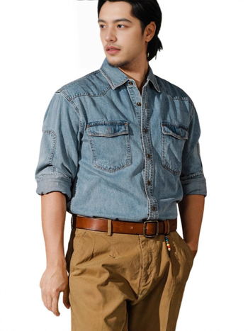 Muška denim jakna u američko-retro zapadnjačkom stilu Ami Khaki, dugi rukavi