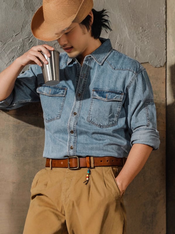 Muška denim jakna u američko-retro zapadnjačkom stilu Ami Khaki, dugi rukavi