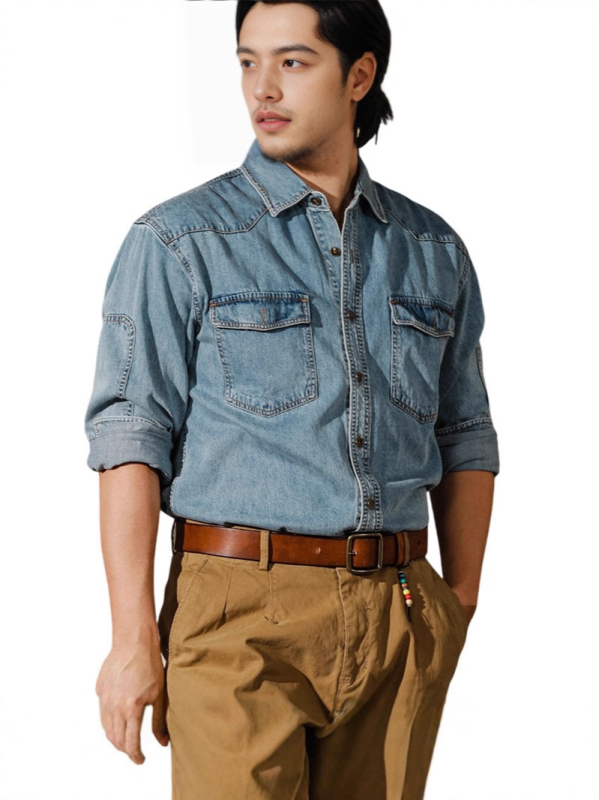 Muška denim jakna u američko-retro zapadnjačkom stilu Ami Khaki, dugi rukavi