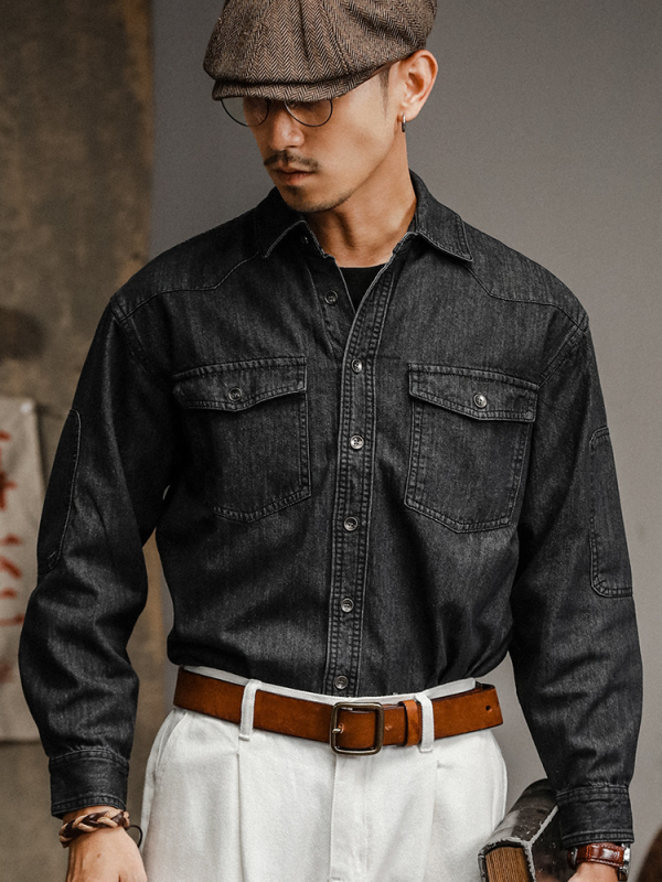 Muška denim jakna u američko-retro zapadnjačkom stilu Ami Khaki, dugi rukavi