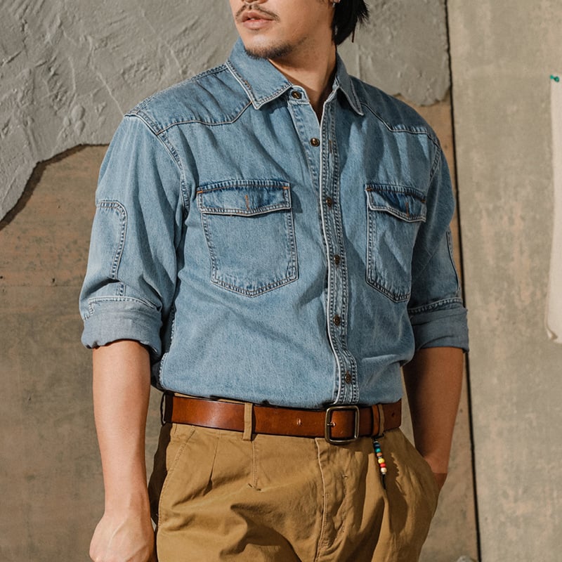 Muška denim jakna u američko-retro zapadnjačkom stilu Ami Khaki, dugi rukavi