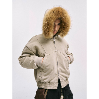 Βαμβακερό μπουφάν με κουκούλα, σταθερός γιακάς, φερμουάρ και παχύ ύφασμα