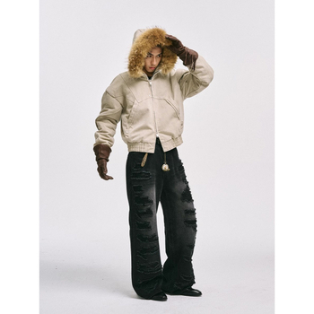 Βαμβακερό μπουφάν με κουκούλα, σταθερός γιακάς, φερμουάρ και παχύ ύφασμα