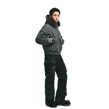 Βαμβακερό μπουφάν με κουκούλα, σταθερός γιακάς, φερμουάρ και παχύ ύφασμα