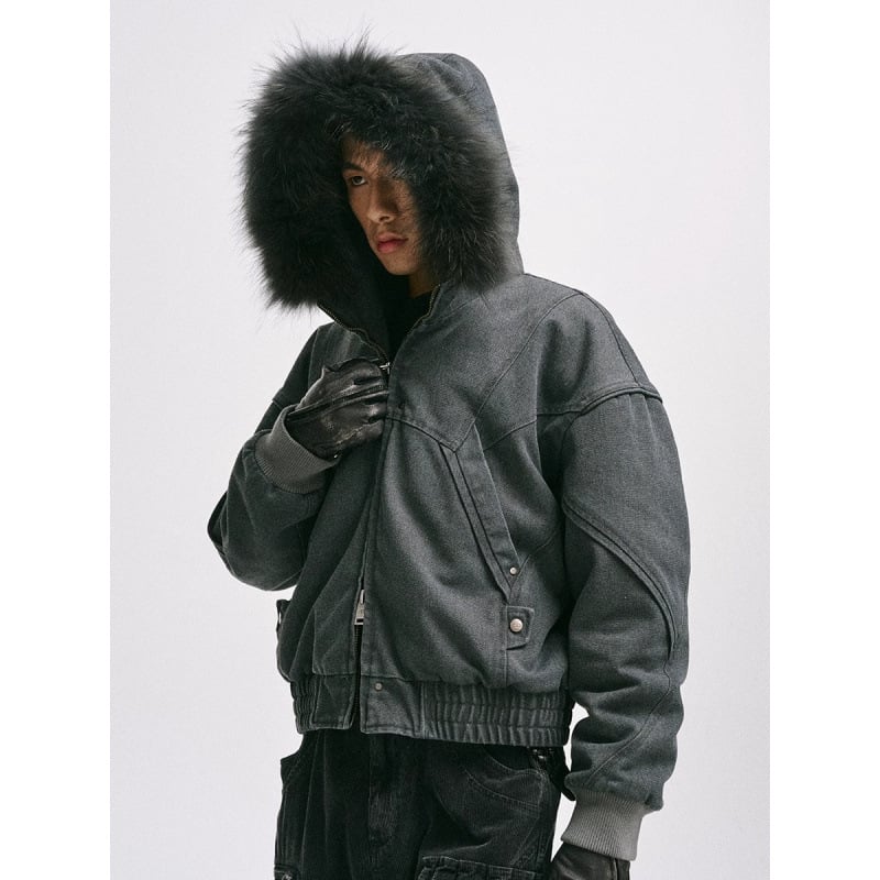 Βαμβακερό μπουφάν με κουκούλα, σταθερός γιακάς, φερμουάρ και παχύ ύφασμα