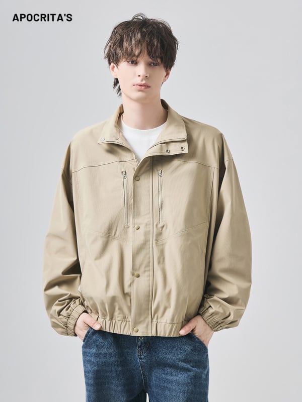 Мъжко яке: полиестер, цип, стойкова яка, свободна кройка, средна дължина