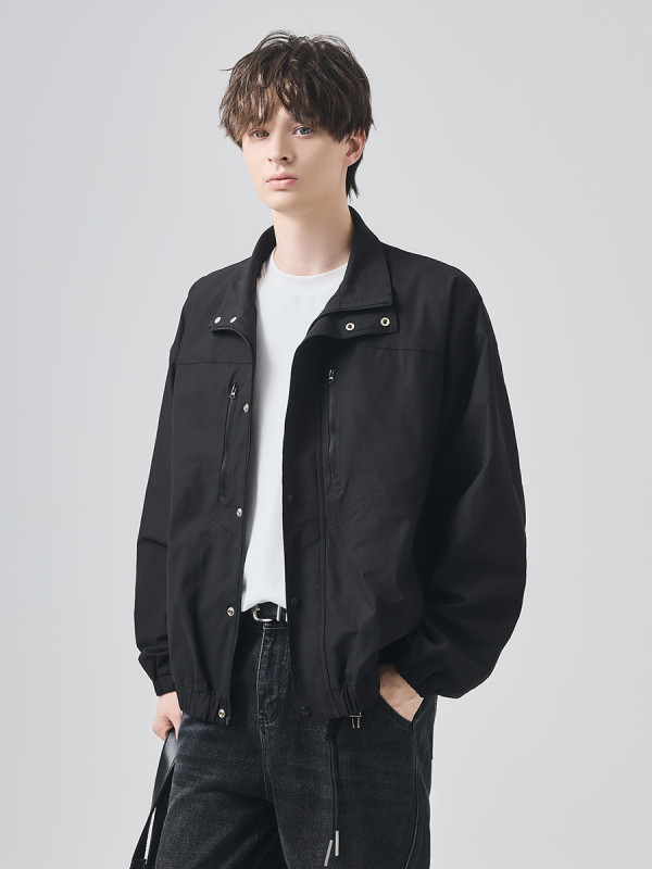 Мъжко яке: полиестер, цип, стойкова яка, свободна кройка, средна дължина