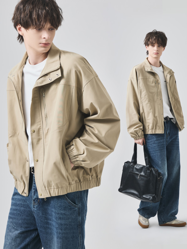 Мъжко яке: полиестер, цип, стойкова яка, свободна кройка, средна дължина