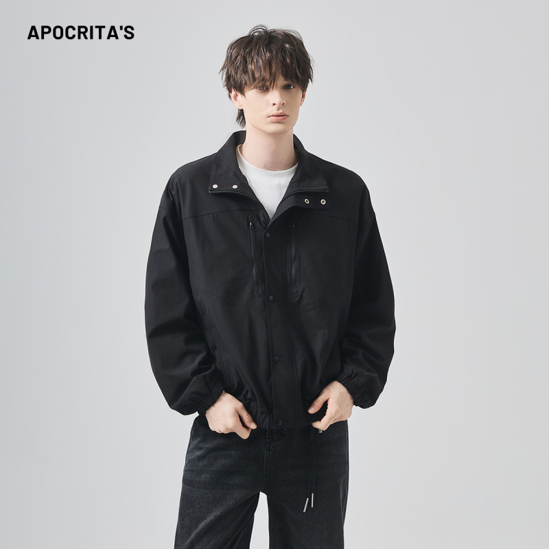 Мъжко яке: полиестер, цип, стойкова яка, свободна кройка, средна дължина