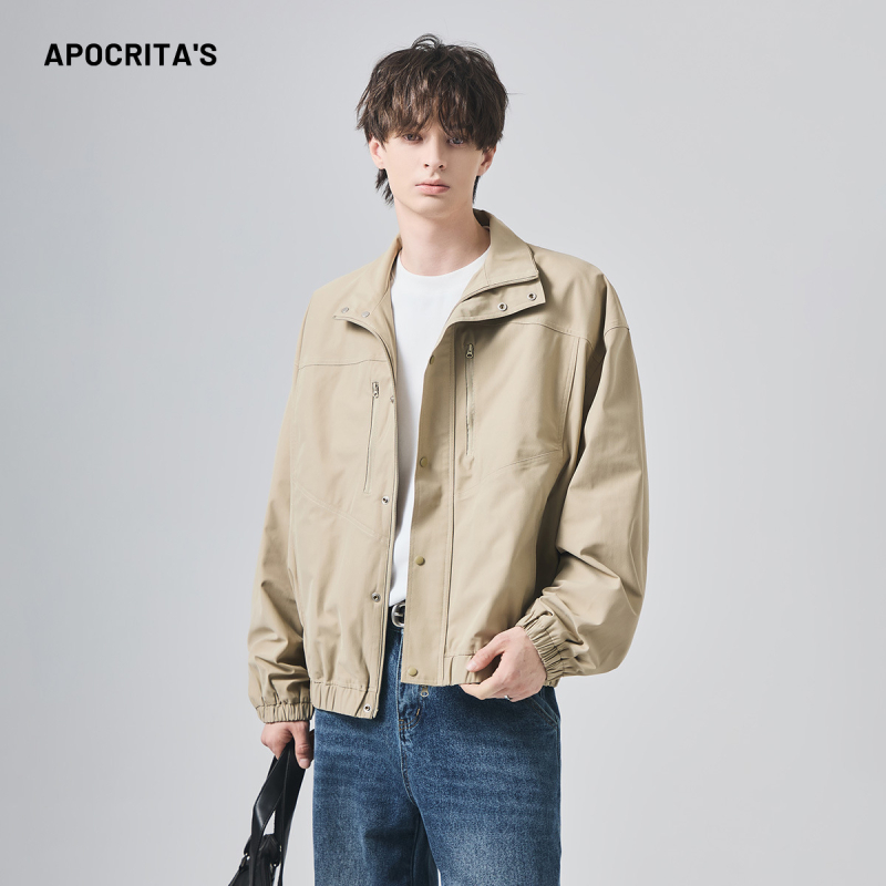 Мъжко яке: полиестер, цип, стойкова яка, свободна кройка, средна дължина