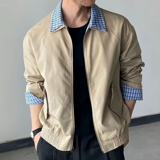 Muška jakna s američkim karo uzorkom i patchwork detaljima, rever, jesen, urbani streetwear, široki kroj