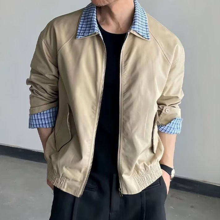 Muška jakna s američkim karo uzorkom i patchwork detaljima, rever, jesen, urbani streetwear, široki kroj
