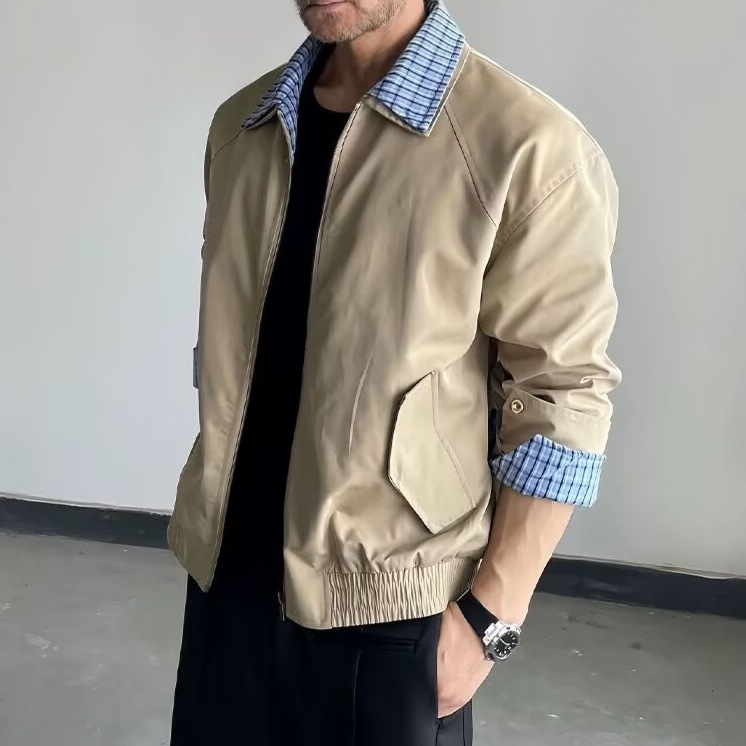 Muška jakna s američkim karo uzorkom i patchwork detaljima, rever, jesen, urbani streetwear, široki kroj